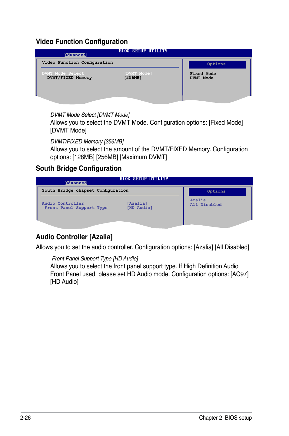 Video function configuration, South bridge configuration, Audio controller [azalia | Asus P5KPL-AM/PS User Manual | Page 74 / 100