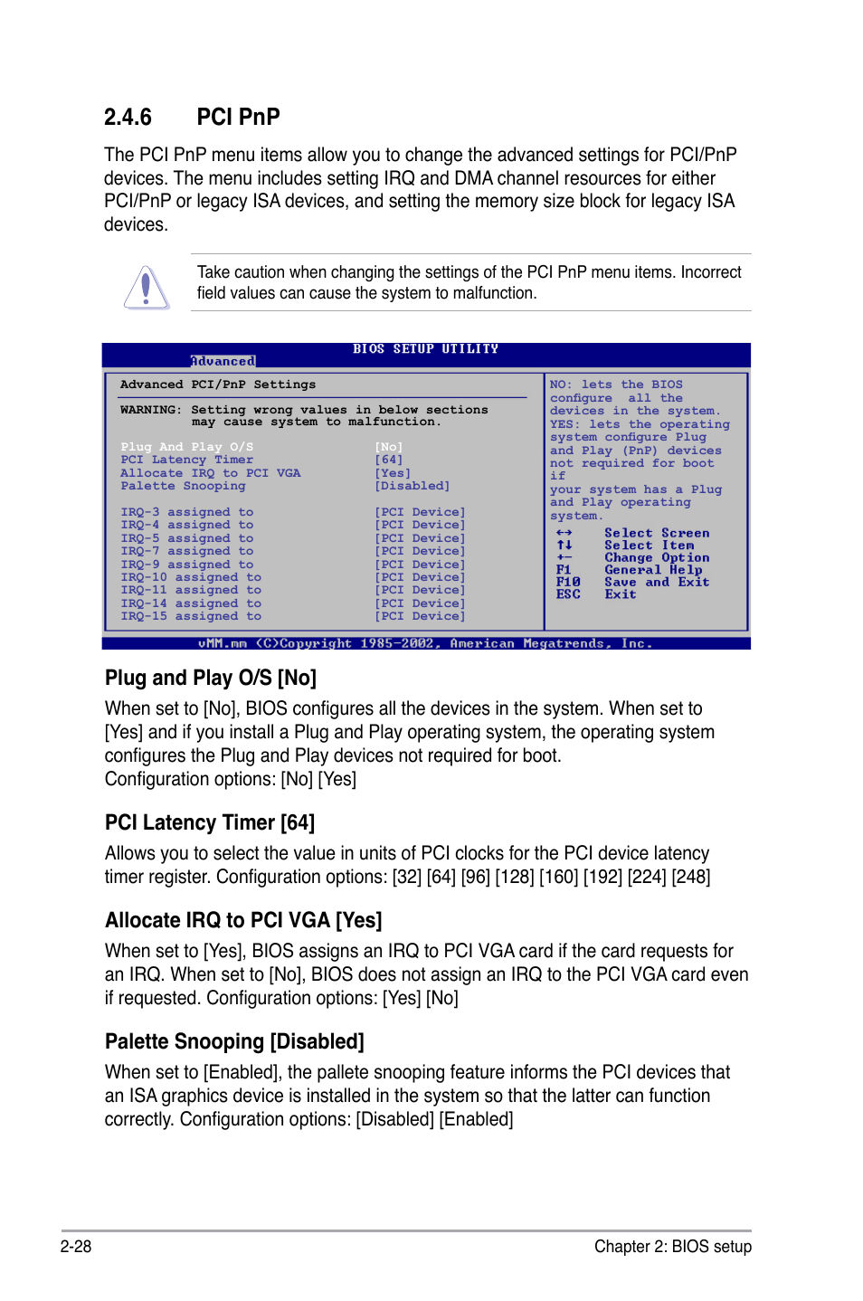 6 pci pnp, Plug and play o/s [no, Pci latency timer [64 | Allocate irq to pci vga [yes, Palette snooping [disabled | Asus P5KPL-AM/PS User Manual | Page 76 / 100