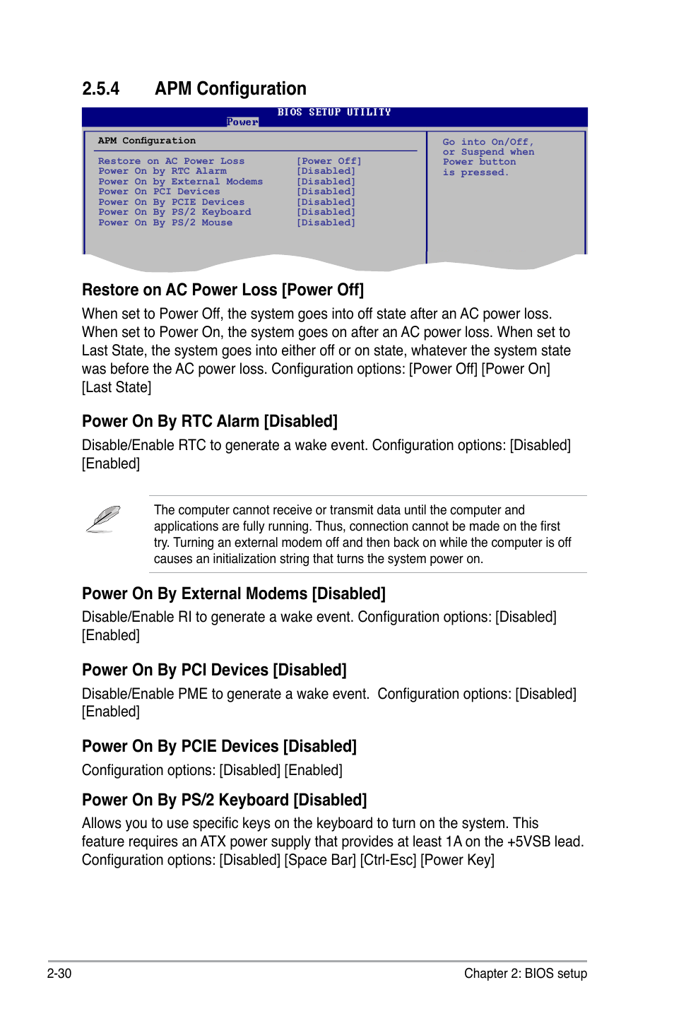 4 apm configuration, Restore on ac power loss [power off, Power on by rtc alarm [disabled | Power on by external modems [disabled, Power on by pci devices [disabled, Power on by pcie devices [disabled, Power on by ps/2 keyboard [disabled | Asus P5KPL-AM/PS User Manual | Page 78 / 100