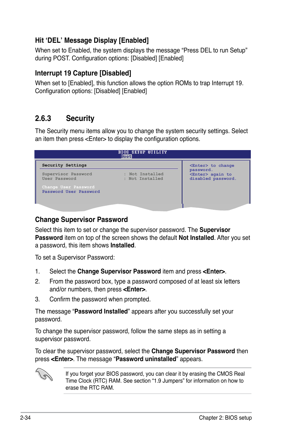 3 security, Hit ‘del’ message display [enabled, Interrupt 19 capture [disabled | Change supervisor password | Asus P5KPL-AM/PS User Manual | Page 82 / 100