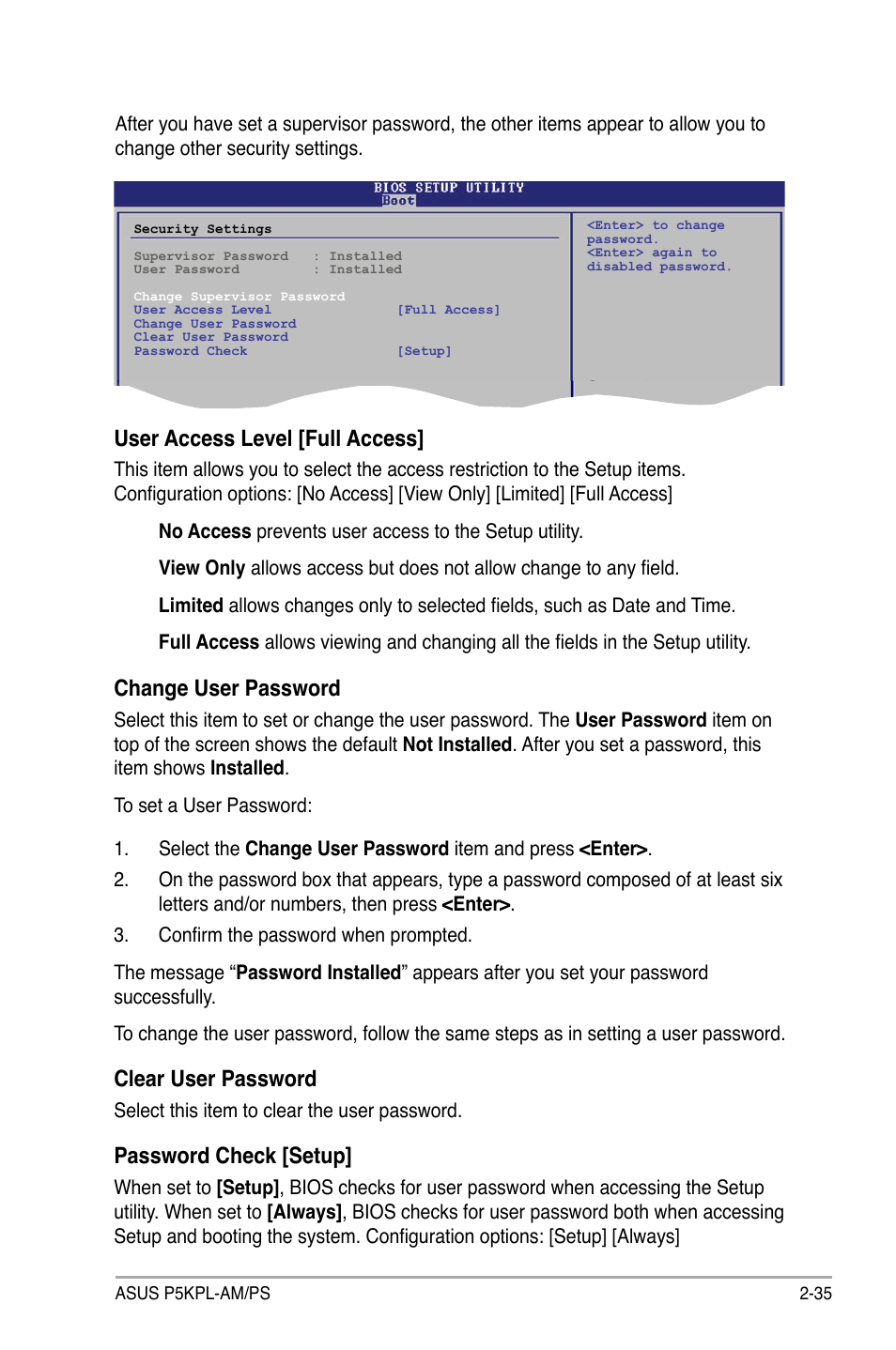 User access level [full access, Change user password, Clear user password | Password check [setup | Asus P5KPL-AM/PS User Manual | Page 83 / 100