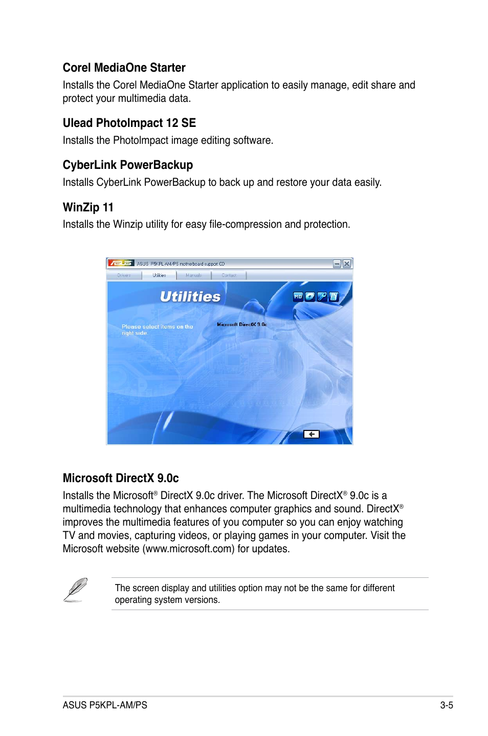 Corel mediaone starter, Ulead photolmpact 12 se, Cyberlink powerbackup | Winzip 11, Microsoft directx 9.0c | Asus P5KPL-AM/PS User Manual | Page 91 / 100