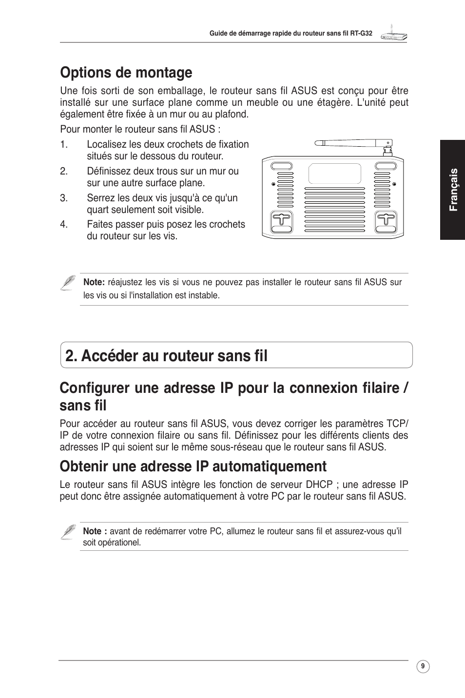 Accéder au routeur sans fil, Obtenir une adresse ip automatiquement, Options de montage | Asus RT-G32 User Manual | Page 10 / 25
