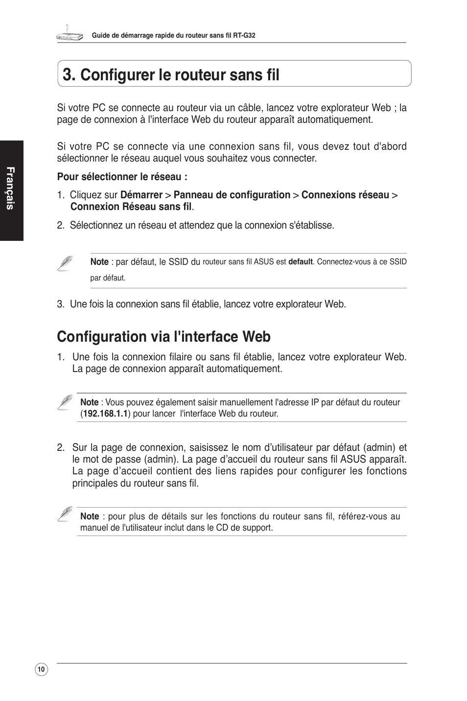 Configurer le routeur sans fil, Configuration via l'interface web | Asus RT-G32 User Manual | Page 11 / 25