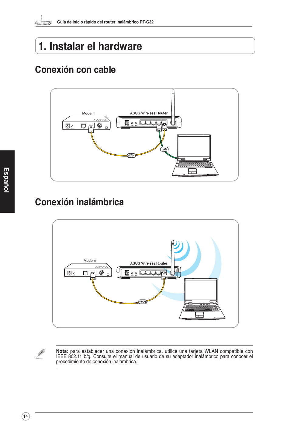 Instalar el hardware, Conexión con cable conexión inalámbrica | Asus RT-G32 User Manual | Page 15 / 25