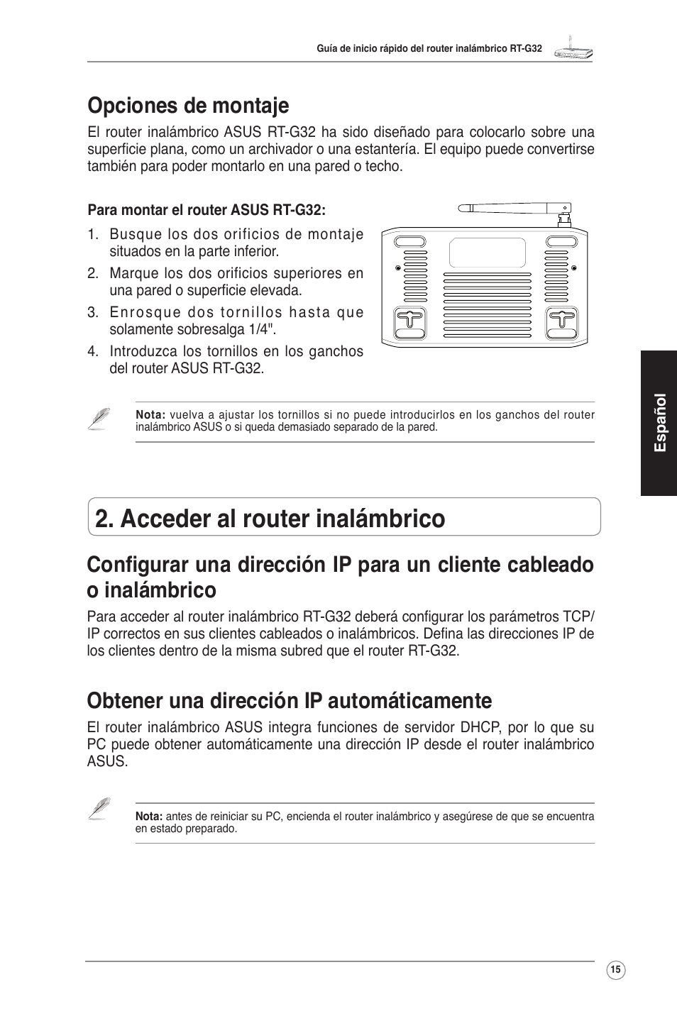 Acceder al router inalámbrico, Obtener una dirección ip automáticamente, Opciones de montaje | Asus RT-G32 User Manual | Page 16 / 25
