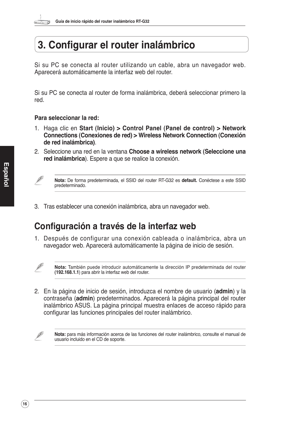 Configurar el router inalámbrico, Configuración a través de la interfaz web | Asus RT-G32 User Manual | Page 17 / 25