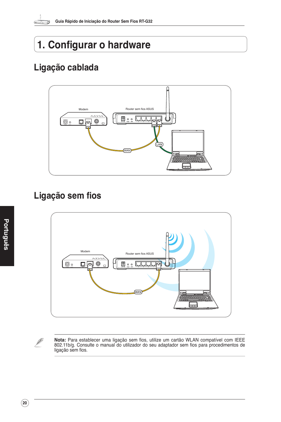 Configurar o hardware, Ligação cablada ligação sem fios, Português | Asus RT-G32 User Manual | Page 21 / 25