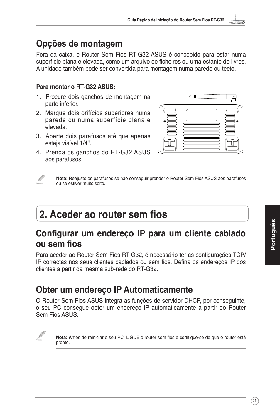 Aceder ao router sem fios, Obter um endereço ip automaticamente, Opções de montagem | Asus RT-G32 User Manual | Page 22 / 25