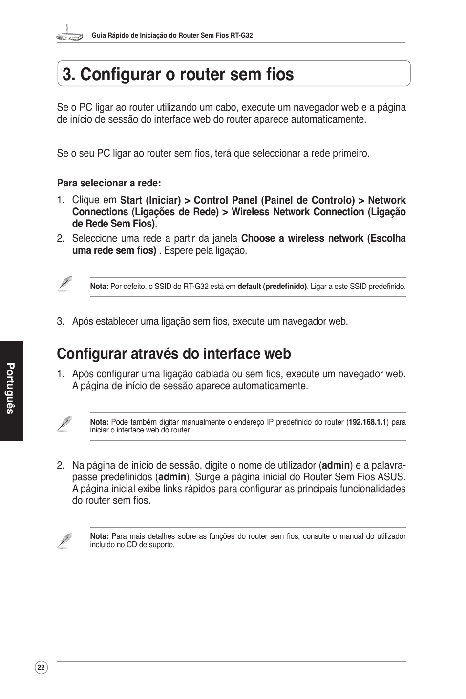 Configurar o router sem fios, Configurar através do interface web | Asus RT-G32 User Manual | Page 23 / 25