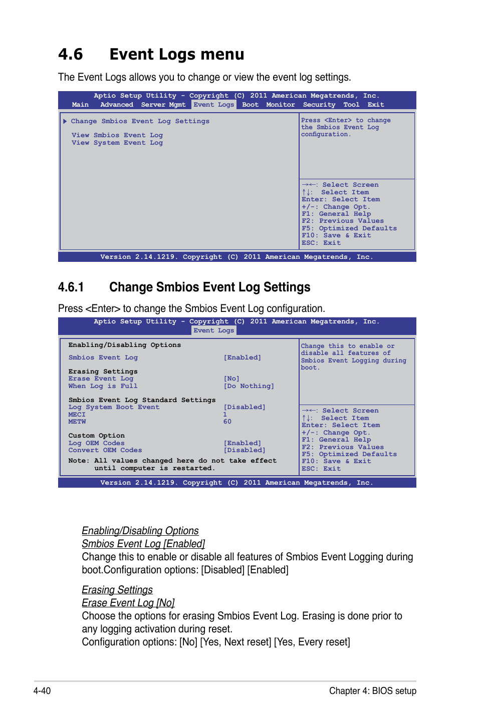 6 event logs menu, 1 change smbios event log settings, Event logs menu -40 4.6.1 | Change smbios event log settings -40, Event logs menu -40, 40 chapter 4: bios setup | Asus Z9PR-D16 User Manual | Page 102 / 194