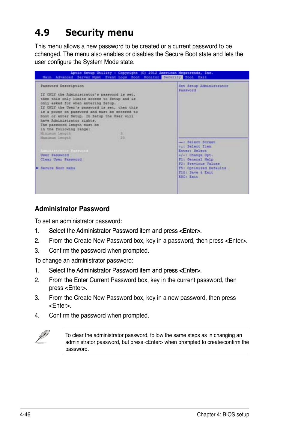 9 security menu, Security menu -46 | Asus Z9PR-D16 User Manual | Page 108 / 194