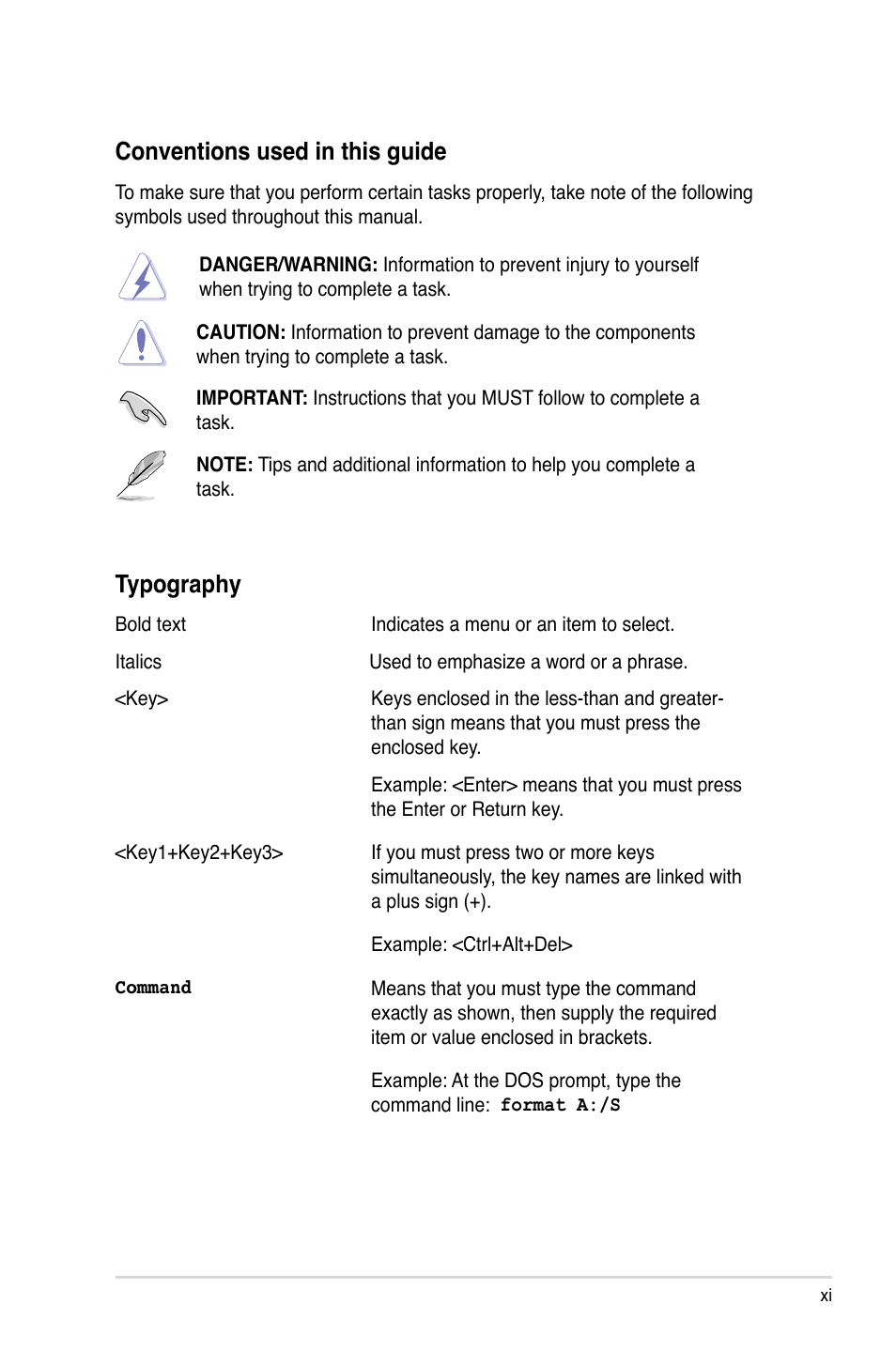 Conventions used in this guide, Typography | Asus Z9PR-D16 User Manual | Page 11 / 194