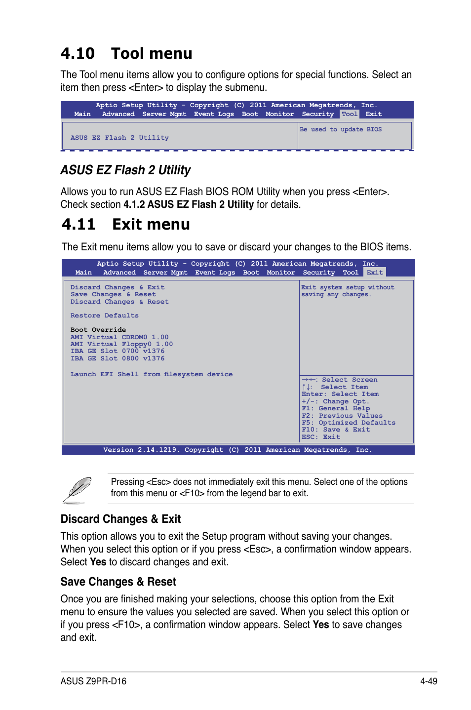 10 tool menu, 11 exit menu, 10 tool menu -49 4.11 exit menu -49 | Asus ez flash 2 utility, Discard changes & exit, Save changes & reset | Asus Z9PR-D16 User Manual | Page 111 / 194