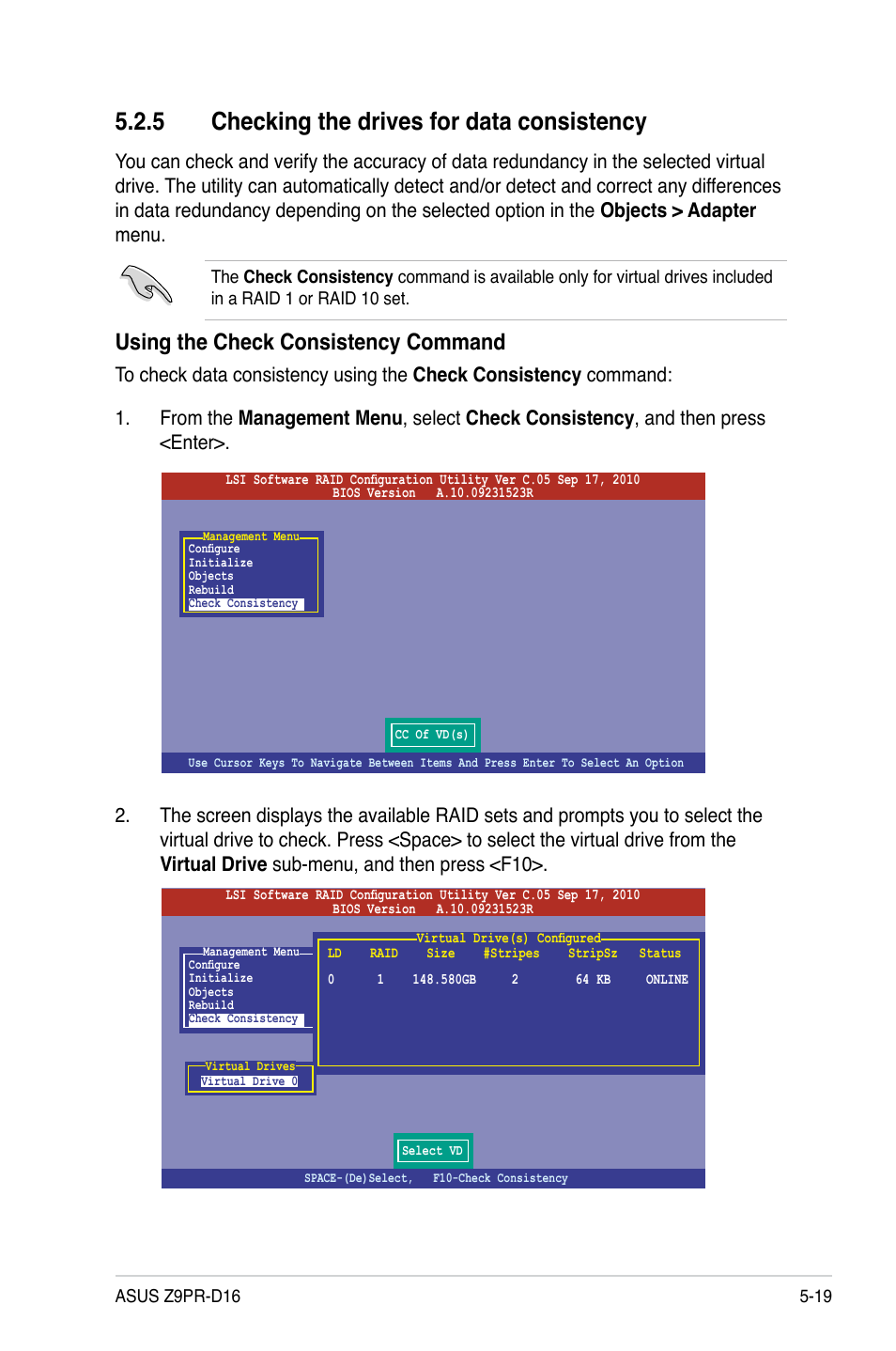 5 checking the drives for data consistency, Checking the drives for data consistency -19, Using the check consistency command | Asus Z9PR-D16 User Manual | Page 131 / 194