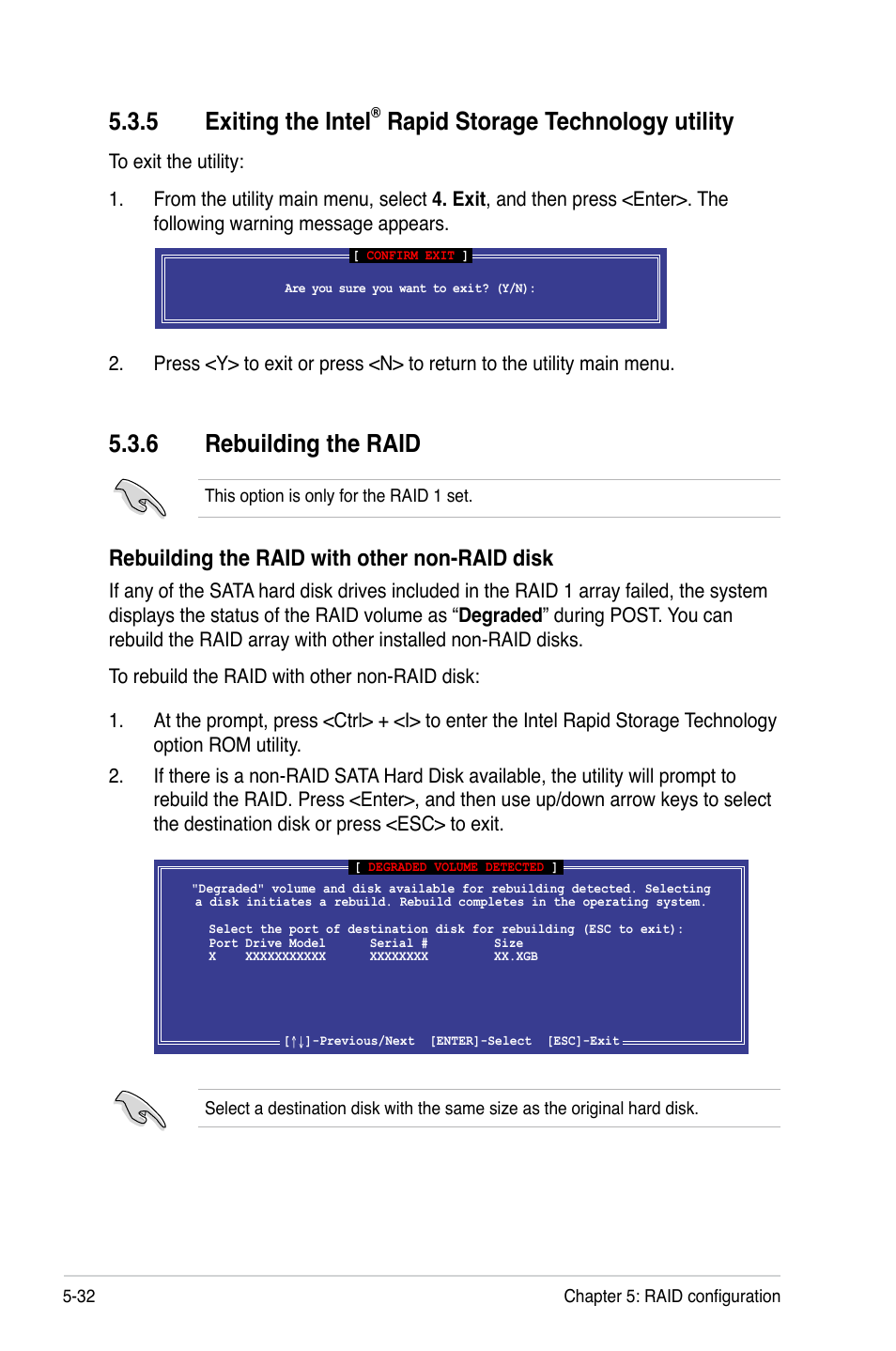 6 rebuilding the raid, Exiting the intel, Rapid storage technology utility -32 | Rebuilding the raid -32, 5 exiting the intel, Rapid storage technology utility, Rebuilding the raid with other non-raid disk | Asus Z9PR-D16 User Manual | Page 144 / 194