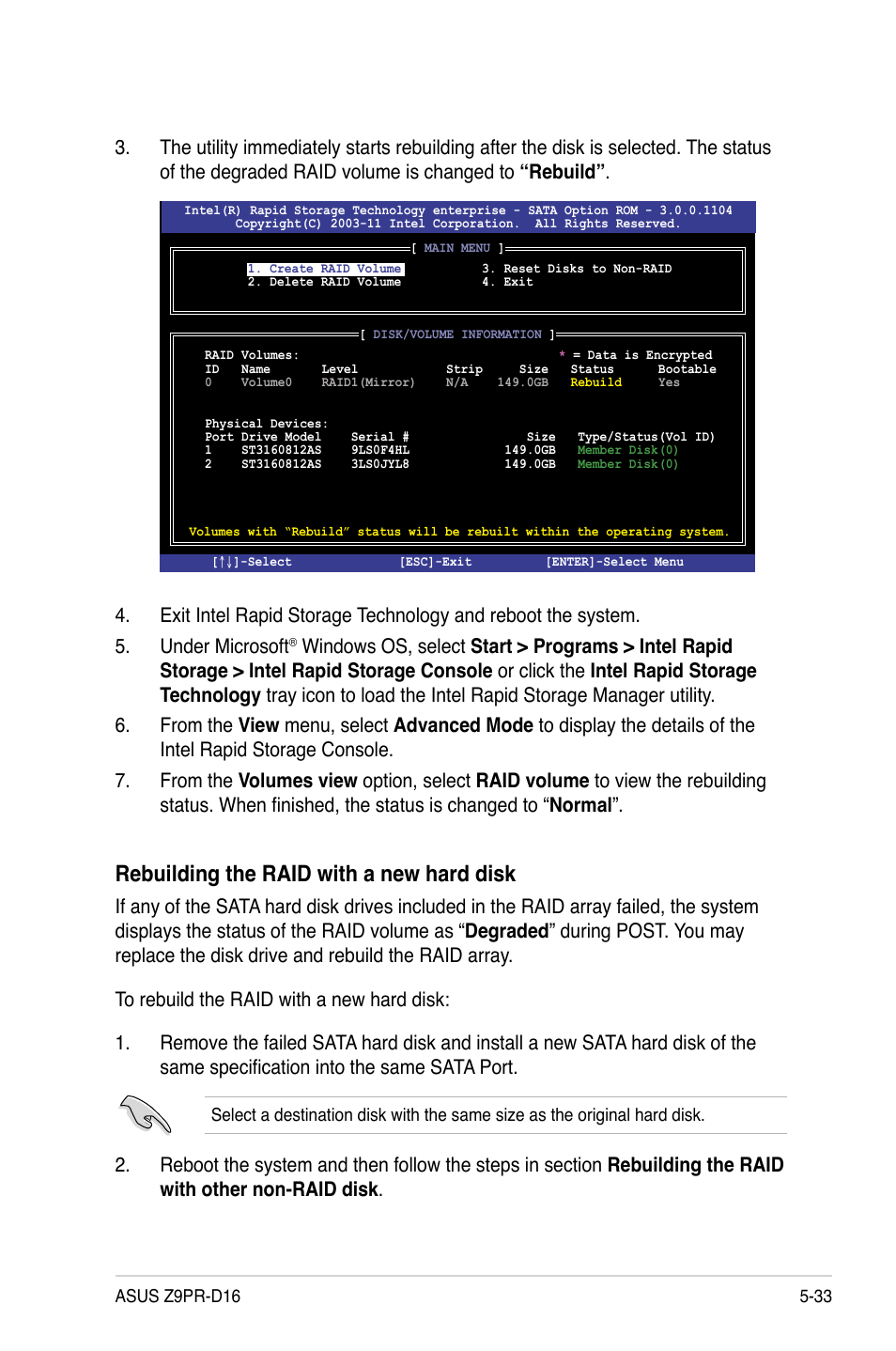 Rebuilding the raid with a new hard disk | Asus Z9PR-D16 User Manual | Page 145 / 194