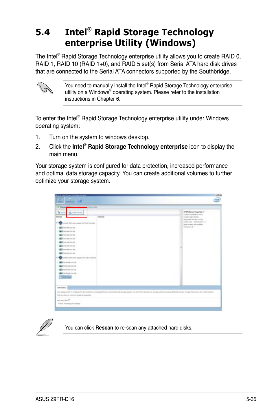 Intel, Rapid storage technology enterprise utility, Windows) -35 | 4 intel | Asus Z9PR-D16 User Manual | Page 147 / 194