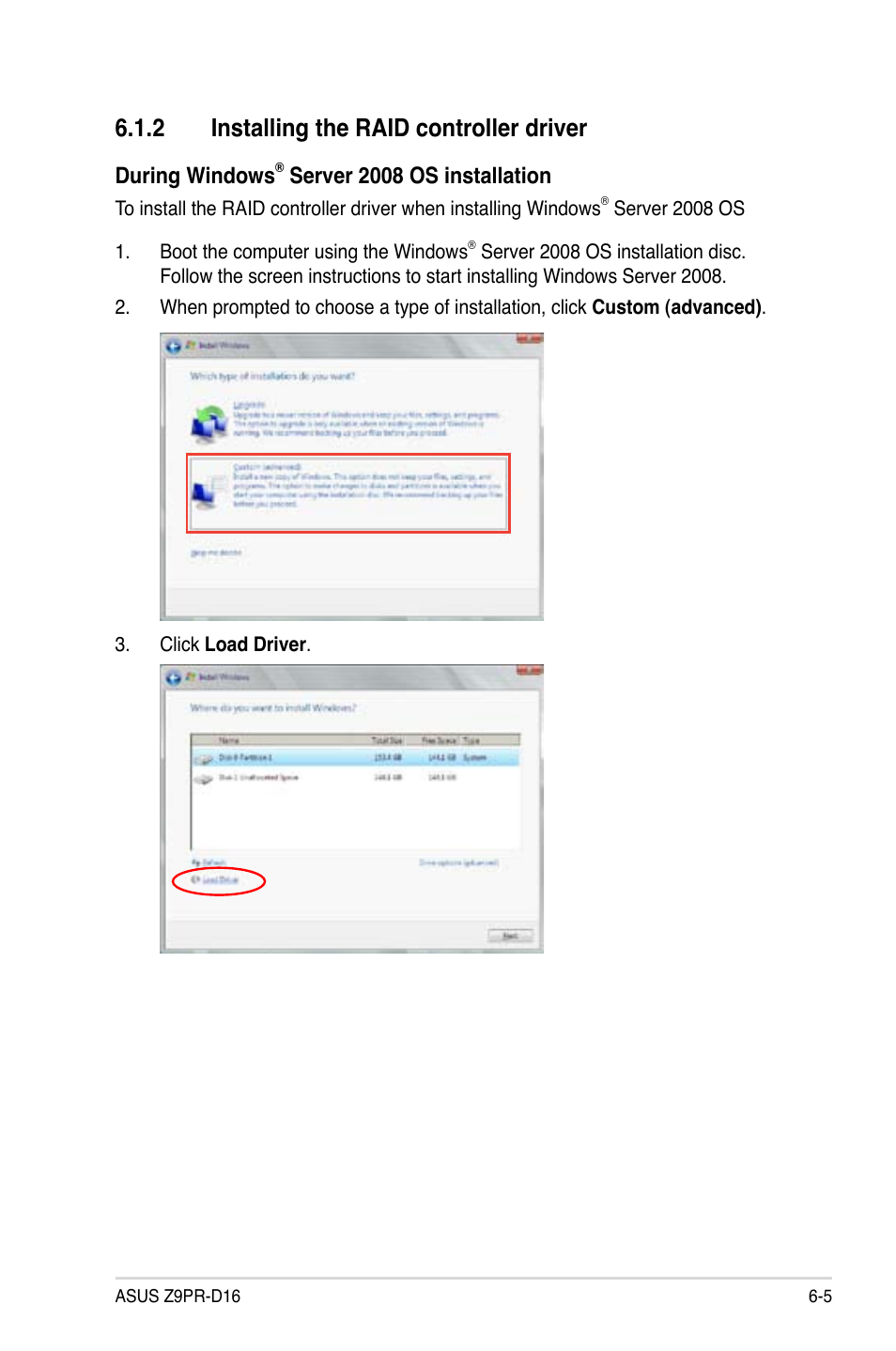 2 installing the raid controller driver, Installing the raid controller driver -5, During windows | Server 2008 os installation | Asus Z9PR-D16 User Manual | Page 157 / 194