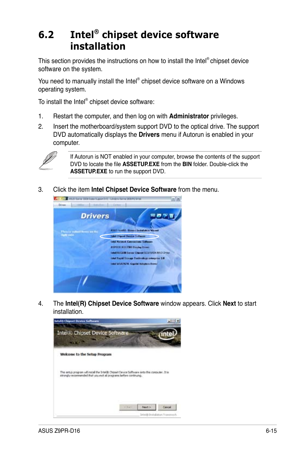 2 intel® chipset device software installation, Intel, Chipset device software installation -15 | Chipset device software installation -16, 2 intel, Chipset device software installation | Asus Z9PR-D16 User Manual | Page 167 / 194