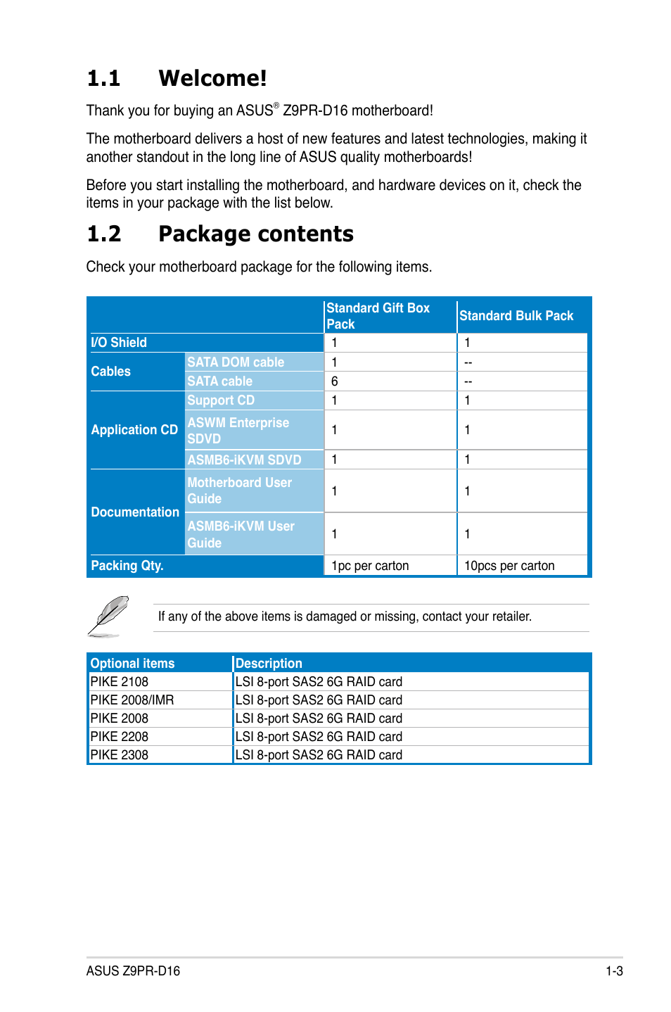 1 welcome, 2 package contents, Welcome! -3 | Package contents -3 | Asus Z9PR-D16 User Manual | Page 17 / 194