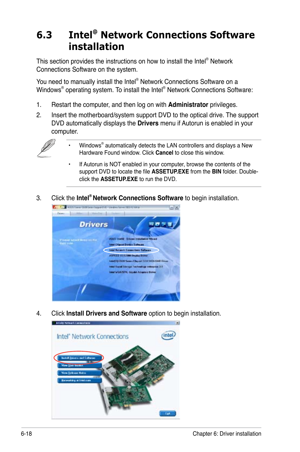 Intel, Network connections software installation -18, Network connections software installation -19 | 3 intel, Network connections software installation | Asus Z9PR-D16 User Manual | Page 170 / 194