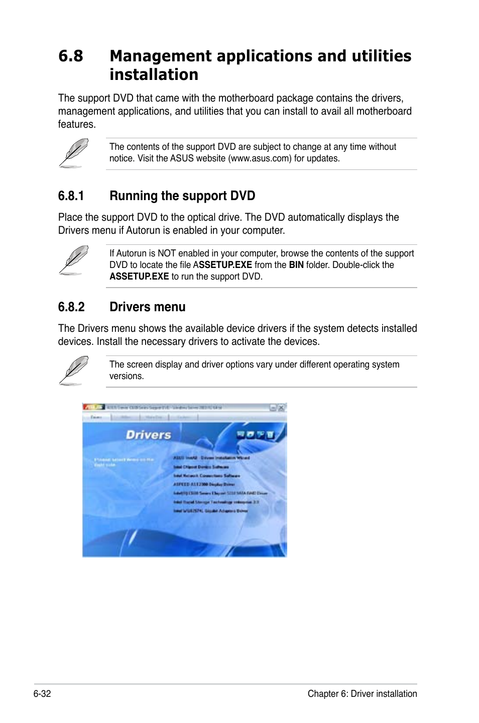 1 running the support dvd, 2 drivers menu, Running the support dvd -32 | Drivers menu -32 | Asus Z9PR-D16 User Manual | Page 184 / 194