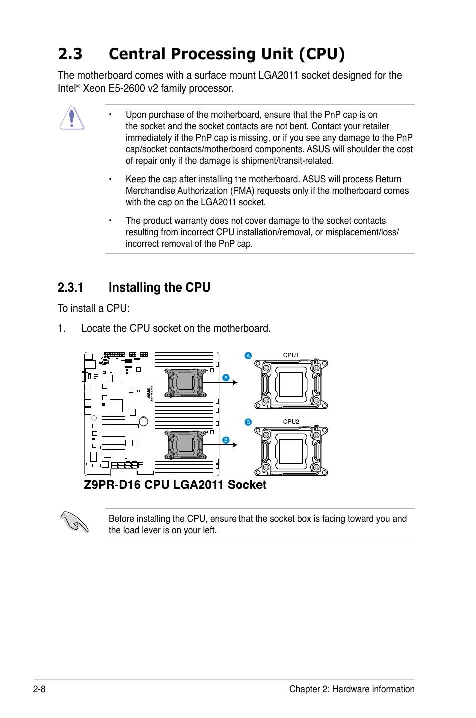 3 central processing unit (cpu), 1 installing the cpu, Central processing unit (cpu) -8 2.3.1 | Installing the cpu -8, Central processing unit (cpu) -8 | Asus Z9PR-D16 User Manual | Page 28 / 194