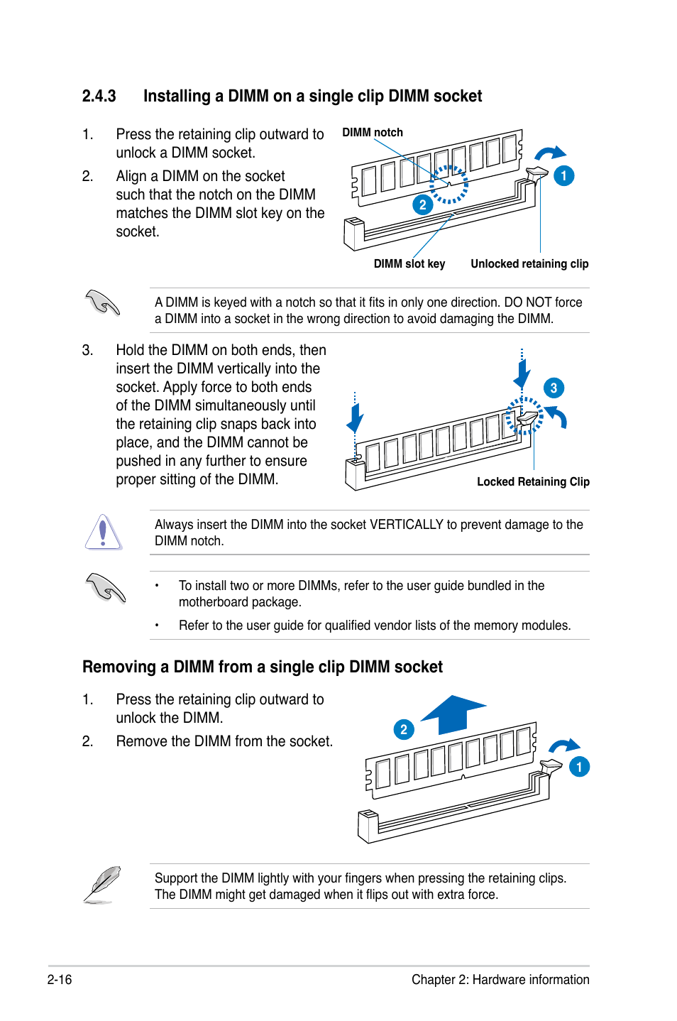 3 installing a dimm on a single clip dimm socket, Removing a dimm from a single clip dimm socket | Asus Z9PR-D16 User Manual | Page 36 / 194