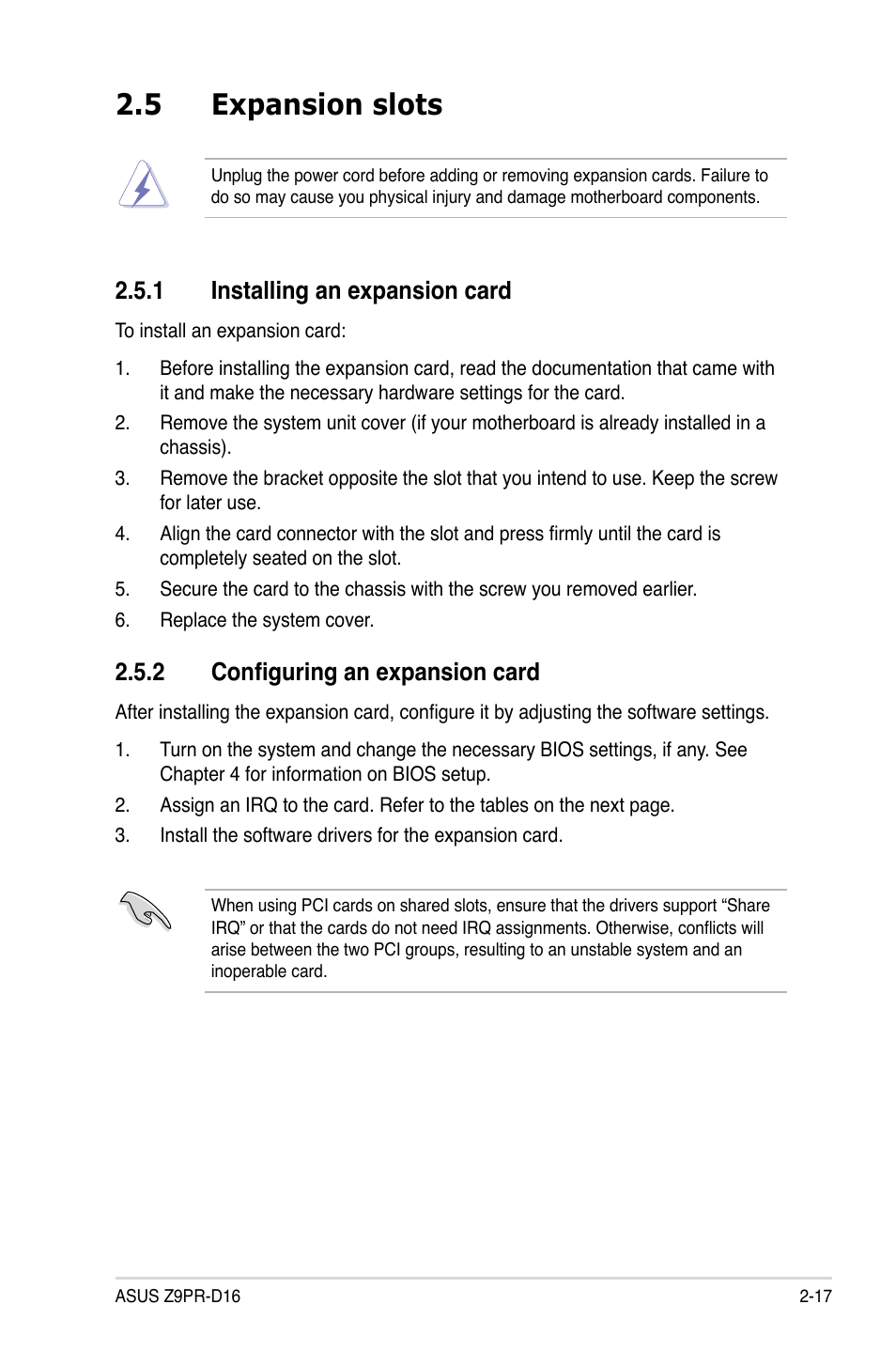 5 expansion slots, 1 installing an expansion card, 2 configuring an expansion card | Expansion slots -17 2.5.1, Installing an expansion card -17, Configuring an expansion card -17, Expansion slots -17 | Asus Z9PR-D16 User Manual | Page 37 / 194