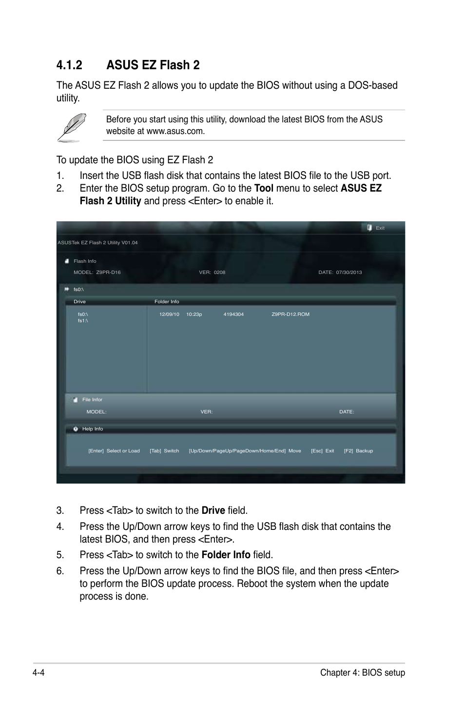 2 asus ez flash 2, Asus ez flash 2 -4, 4 chapter 4: bios setup | Asus Z9PR-D16 User Manual | Page 66 / 194