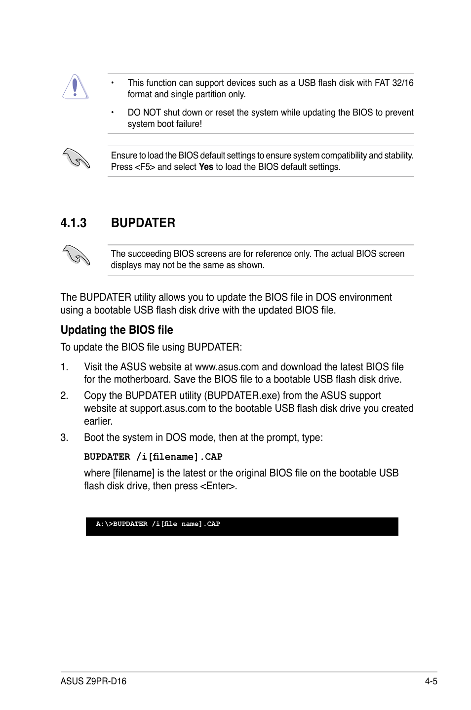 3 bupdater, Bupdater -5, Updating the bios file | Asus Z9PR-D16 User Manual | Page 67 / 194