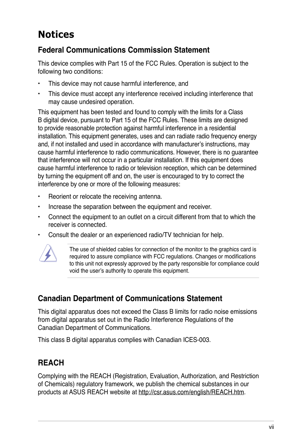 Notices, Federal communications commission statement, Canadian department of communications statement | Reach | Asus Z9PR-D16 User Manual | Page 7 / 194