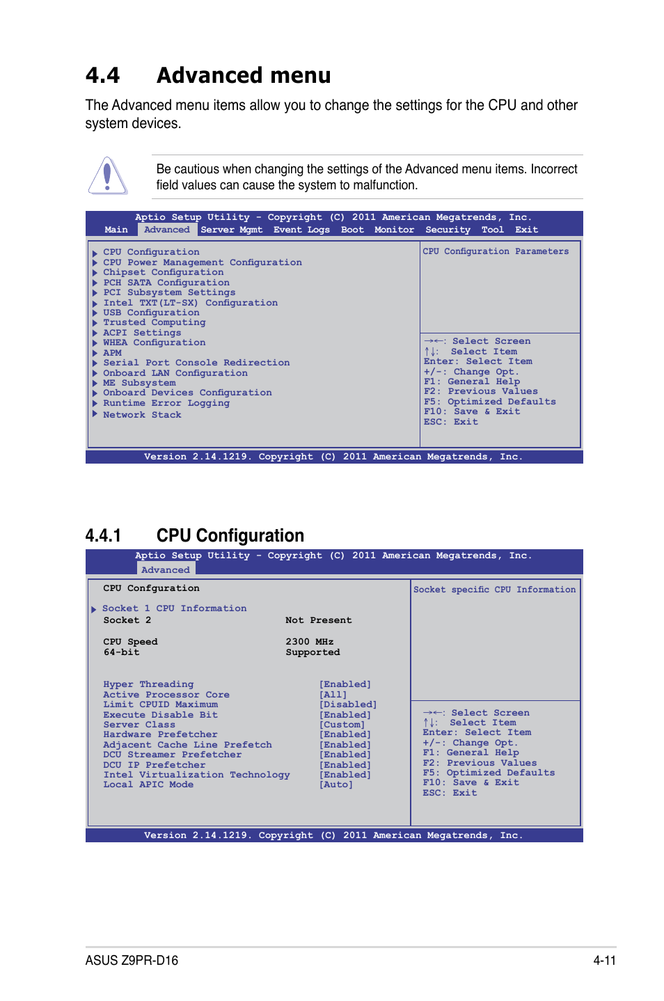 4 advanced menu, 1 cpu configuration, Advanced menu -11 4.4.1 | Cpu configuration -11, Advanced menu -11 | Asus Z9PR-D16 User Manual | Page 73 / 194