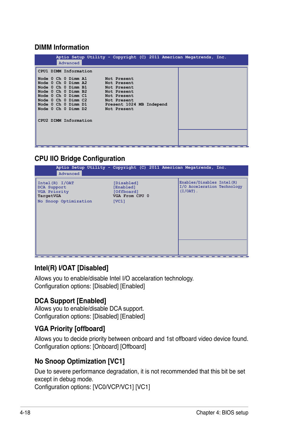 Intel(r) i/oat [disabled, Dca support [enabled, Vga priority [offboard | No snoop optimization [vc1, Cpu iio bridge configuration, Dimm information | Asus Z9PR-D16 User Manual | Page 80 / 194