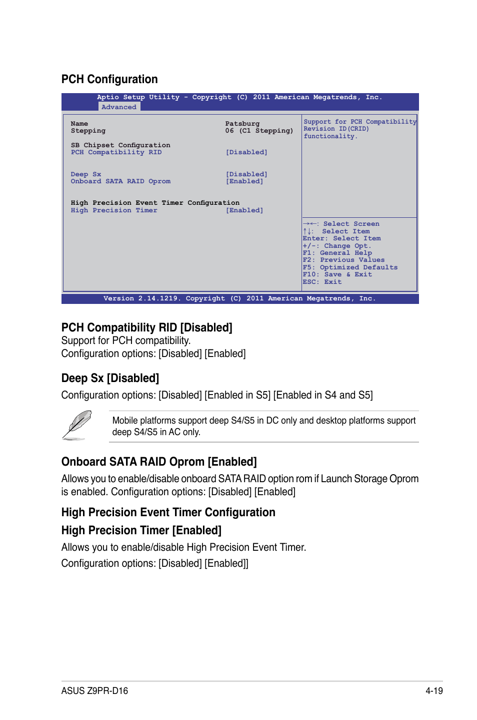 Pch configuration, Pch compatibility rid [disabled, Deep sx [disabled | Onboard sata raid oprom [enabled | Asus Z9PR-D16 User Manual | Page 81 / 194