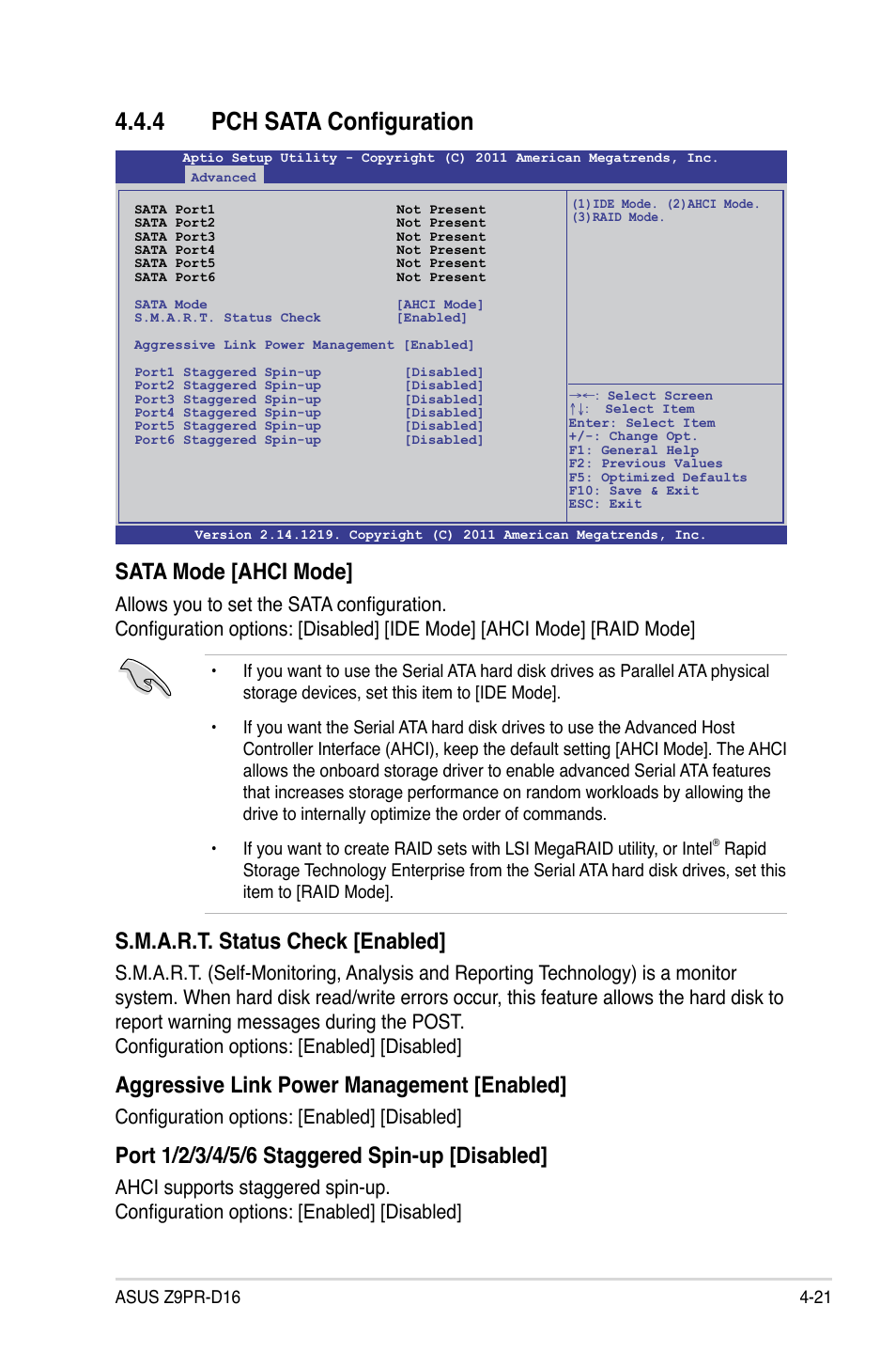 4 pch sata configuration, Pch sata configuration -21, Sata mode [ahci mode | S.m.a.r.t. status check [enabled, Aggressive link power management [enabled, Configuration options: [enabled] [disabled | Asus Z9PR-D16 User Manual | Page 83 / 194