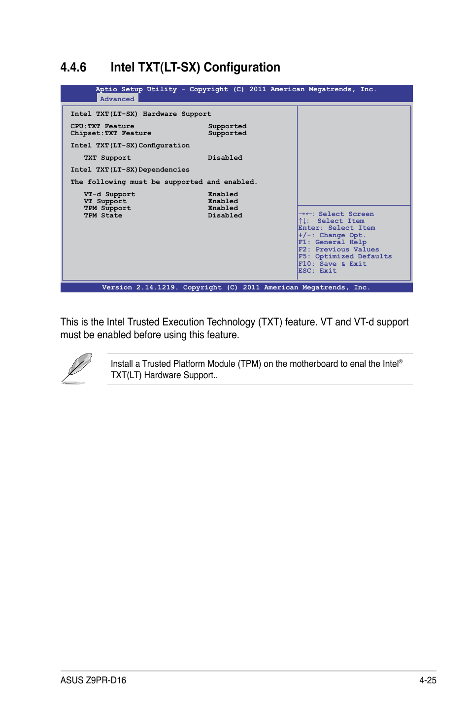 6 intel txt(lt-sx) configuration, Intel txt(lt-sx) configuration -25, Txt(lt) hardware support | Asus Z9PR-D16 User Manual | Page 87 / 194