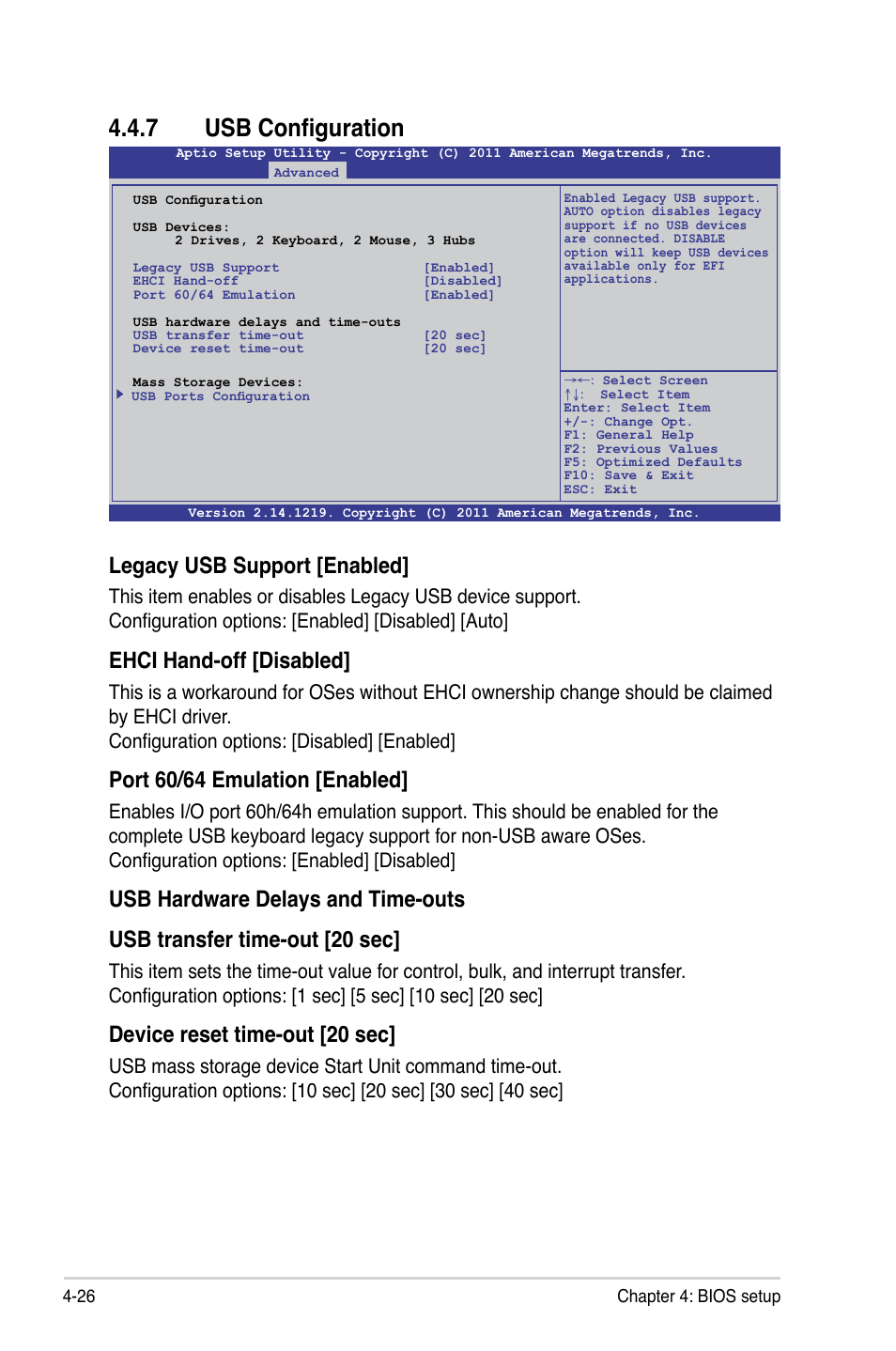 7 usb configuration, Usb configuration -26, Legacy usb support [enabled | Ehci hand-off [disabled, Port 60/64 emulation [enabled, Device reset time-out [20 sec | Asus Z9PR-D16 User Manual | Page 88 / 194