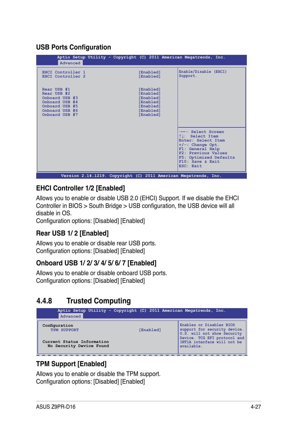 8 trusted computing, Trusted computing -27, Usb ports configuration | Ehci controller 1/2 [enabled, Rear usb 1/ 2 [enabled, Tpm support [enabled | Asus Z9PR-D16 User Manual | Page 89 / 194