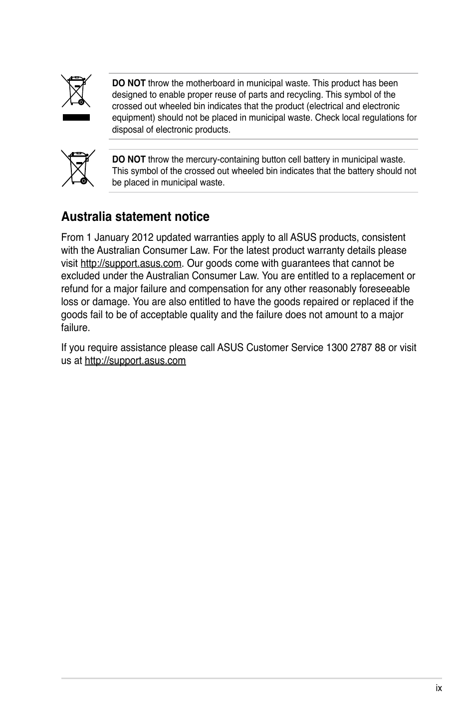 Australia statement notice | Asus Z9PR-D16 User Manual | Page 9 / 194