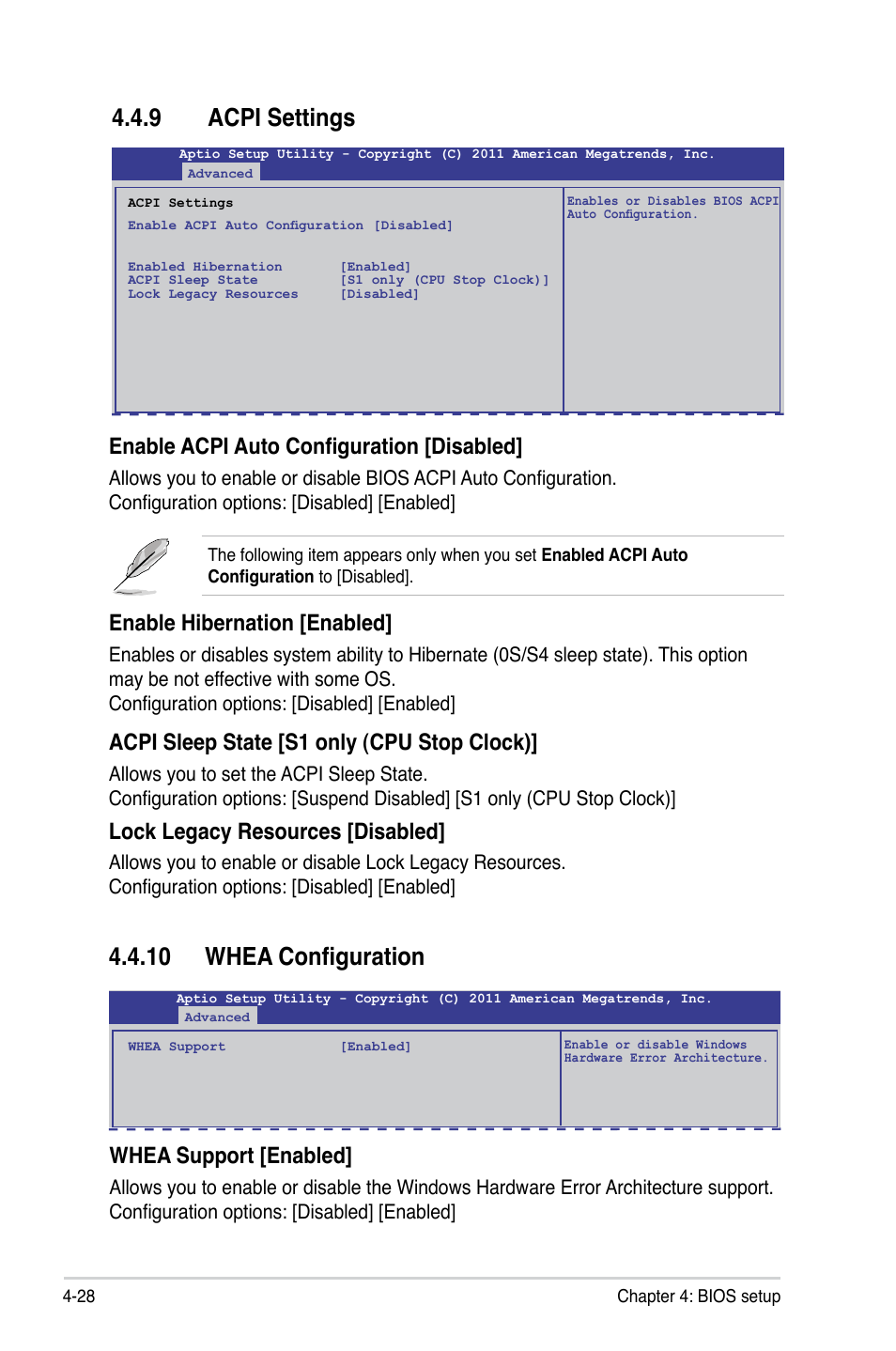 9 acpi settings, 10 whea configuration, Acpi settings -28 | 10 whea configuration -28, Enable acpi auto configuration [disabled, Enable hibernation [enabled, Acpi sleep state [s1 only (cpu stop clock), Lock legacy resources [disabled, Whea support [enabled | Asus Z9PR-D16 User Manual | Page 90 / 194