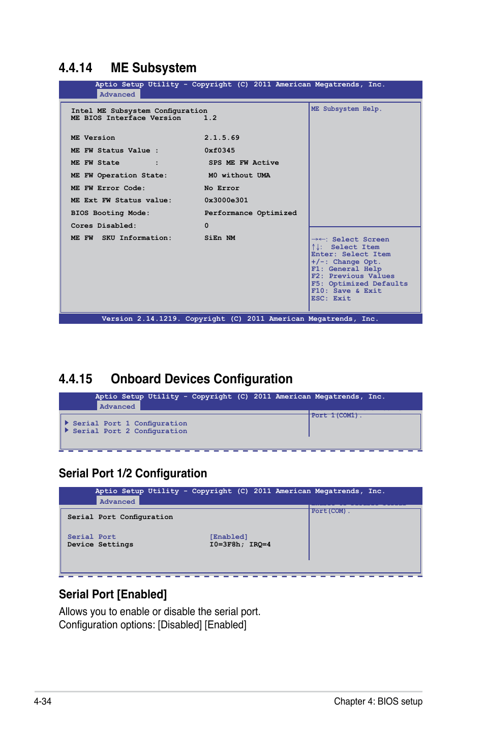 14 me subsystem, 15 onboard devices configuration, Serial port 1/2 configuration | Serial port [enabled, 34 chapter 4: bios setup | Asus Z9PR-D16 User Manual | Page 96 / 194