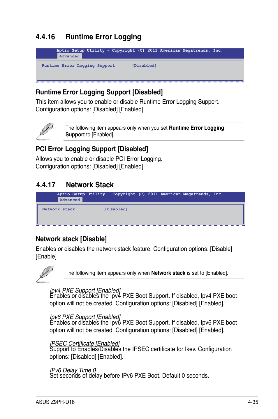 16 runtime error logging, 17 network stack, Runtime error logging support [disabled | Pci error logging support [disabled, Network stack [disable | Asus Z9PR-D16 User Manual | Page 97 / 194