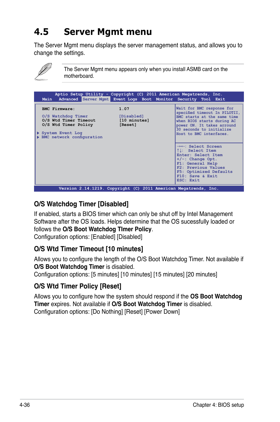 5 server mgmt menu, Server mgmt menu -36, O/s watchdog timer [disabled | O/s wtd timer timeout [10 minutes, O/s wtd timer policy [reset | Asus Z9PR-D16 User Manual | Page 98 / 194