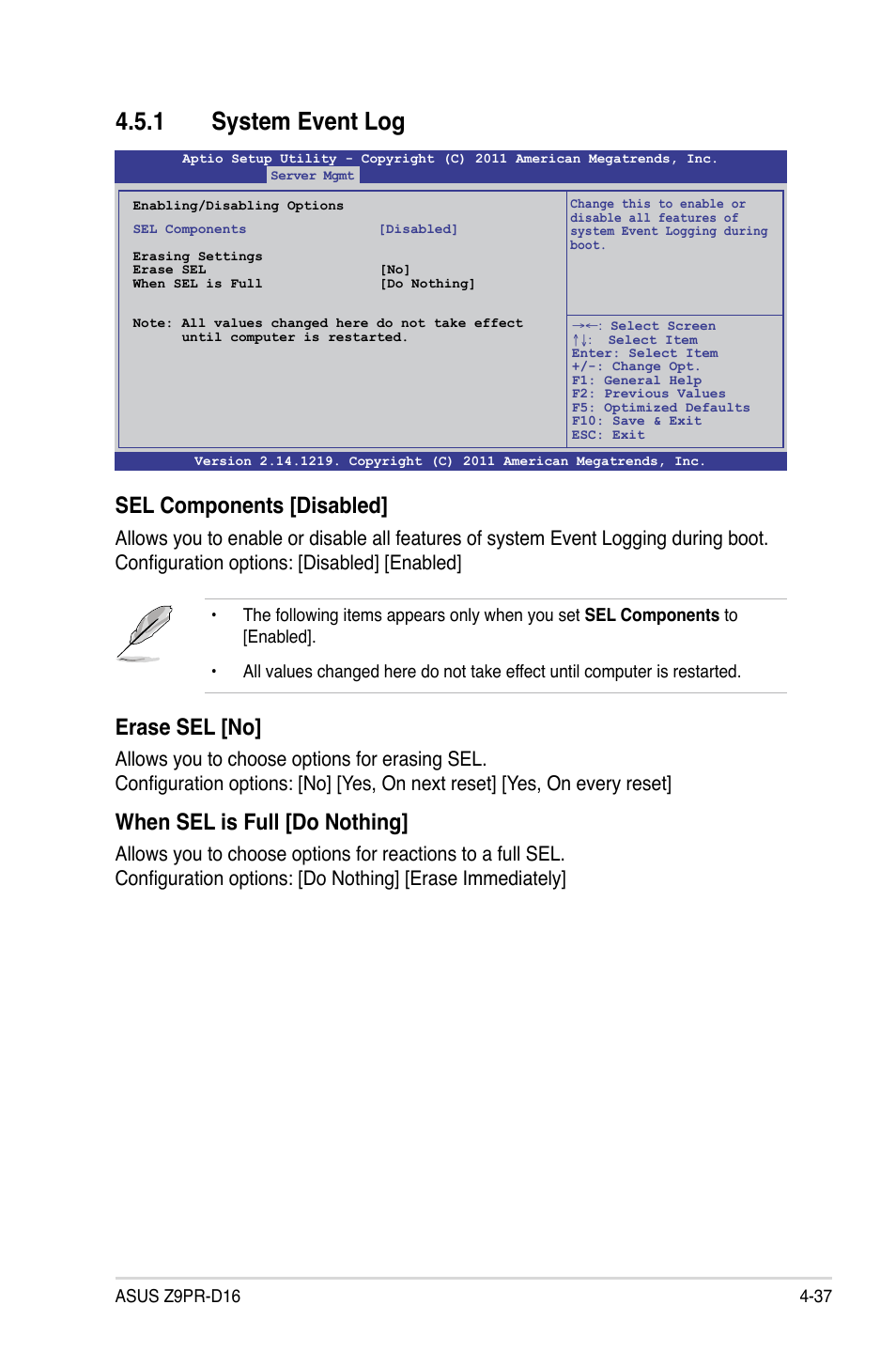 1 system event log, System event log -37, Sel components [disabled | Erase sel [no, When sel is full [do nothing | Asus Z9PR-D16 User Manual | Page 99 / 194