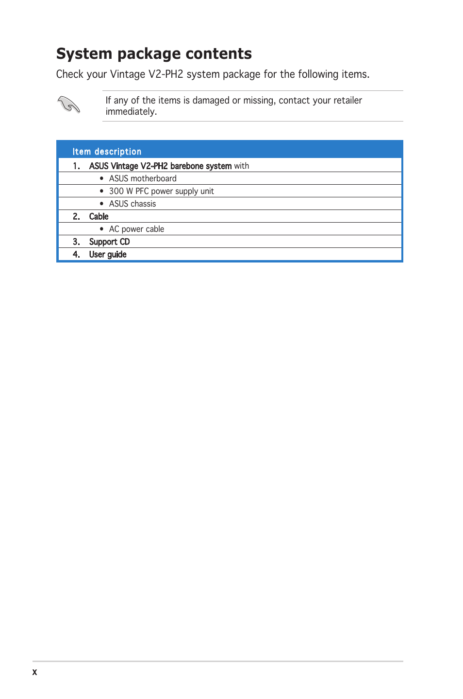 System package contents | Asus V2-PH2 User Manual | Page 10 / 102