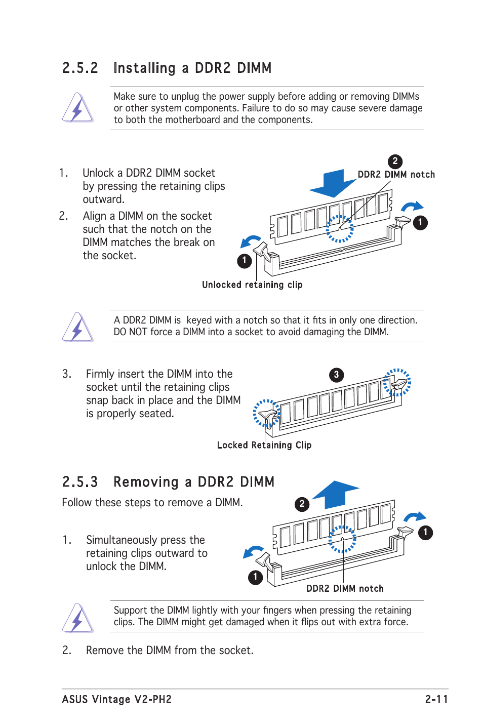 3 removing a ddr2 dimm, 2 installing a ddr2 dimm | Asus V2-PH2 User Manual | Page 29 / 102