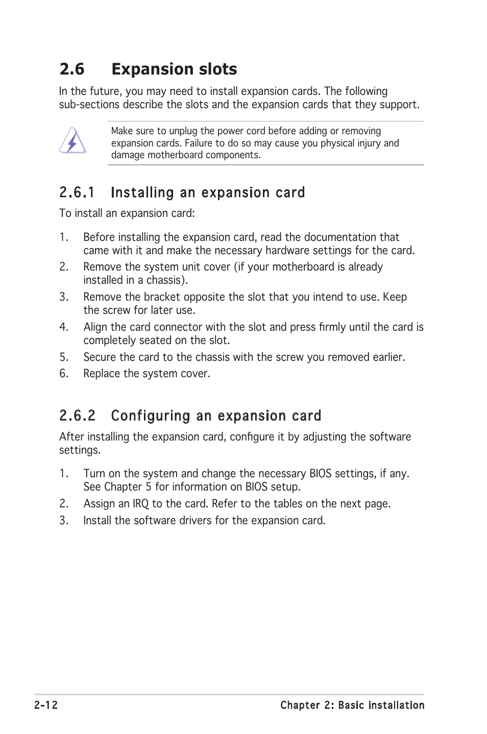 6 expansion slots, 1 installing an expansion card, 2 configuring an expansion card | Asus V2-PH2 User Manual | Page 30 / 102