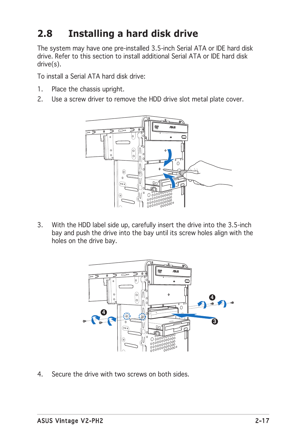 8 installing a hard disk drive | Asus V2-PH2 User Manual | Page 35 / 102